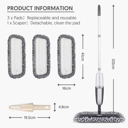SUPTREE Microfiber Spray Mop for Floor Cleaning – Refillable Bottle, Scraper & 3 Washable Pads