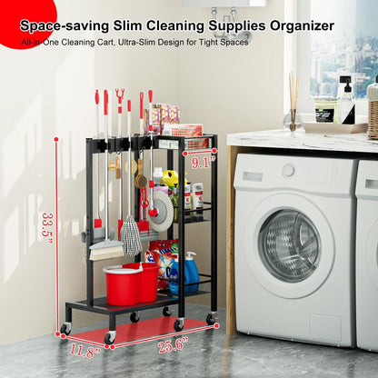 Cleaning Supplies Organizer with Tiered Storage Shelves – Broom Holder Cart with Wheels, Hooks & Grippers for Laundry Room & Garage