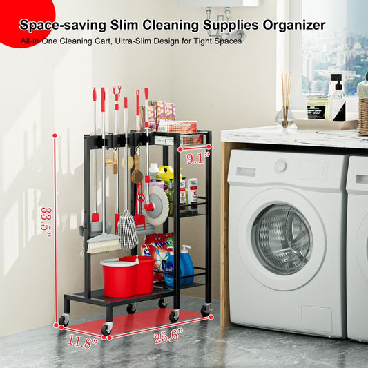 Cleaning Supplies Organizer with Tiered Storage Shelves – Broom Holder Cart with Wheels, Hooks & Grippers for Laundry Room & Garage