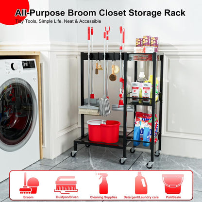 Cleaning Supplies Organizer with Tiered Storage Shelves – Broom Holder Cart with Wheels, Hooks & Grippers for Laundry Room & Garage