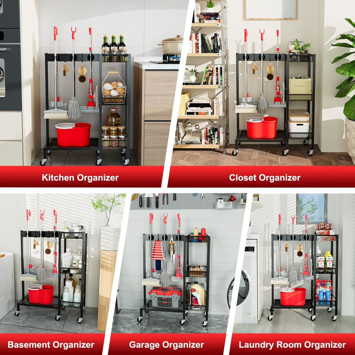 Cleaning Supplies Organizer with Tiered Storage Shelves – Broom Holder Cart with Wheels, Hooks & Grippers for Laundry Room & Garage