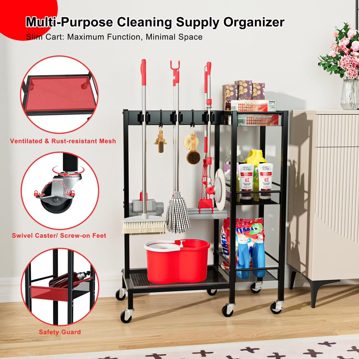 Cleaning Supplies Organizer with Tiered Storage Shelves – Broom Holder Cart with Wheels, Hooks & Grippers for Laundry Room & Garage
