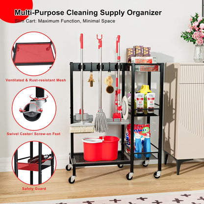 Cleaning Supplies Organizer with Tiered Storage Shelves – Broom Holder Cart with Wheels, Hooks & Grippers for Laundry Room & Garage