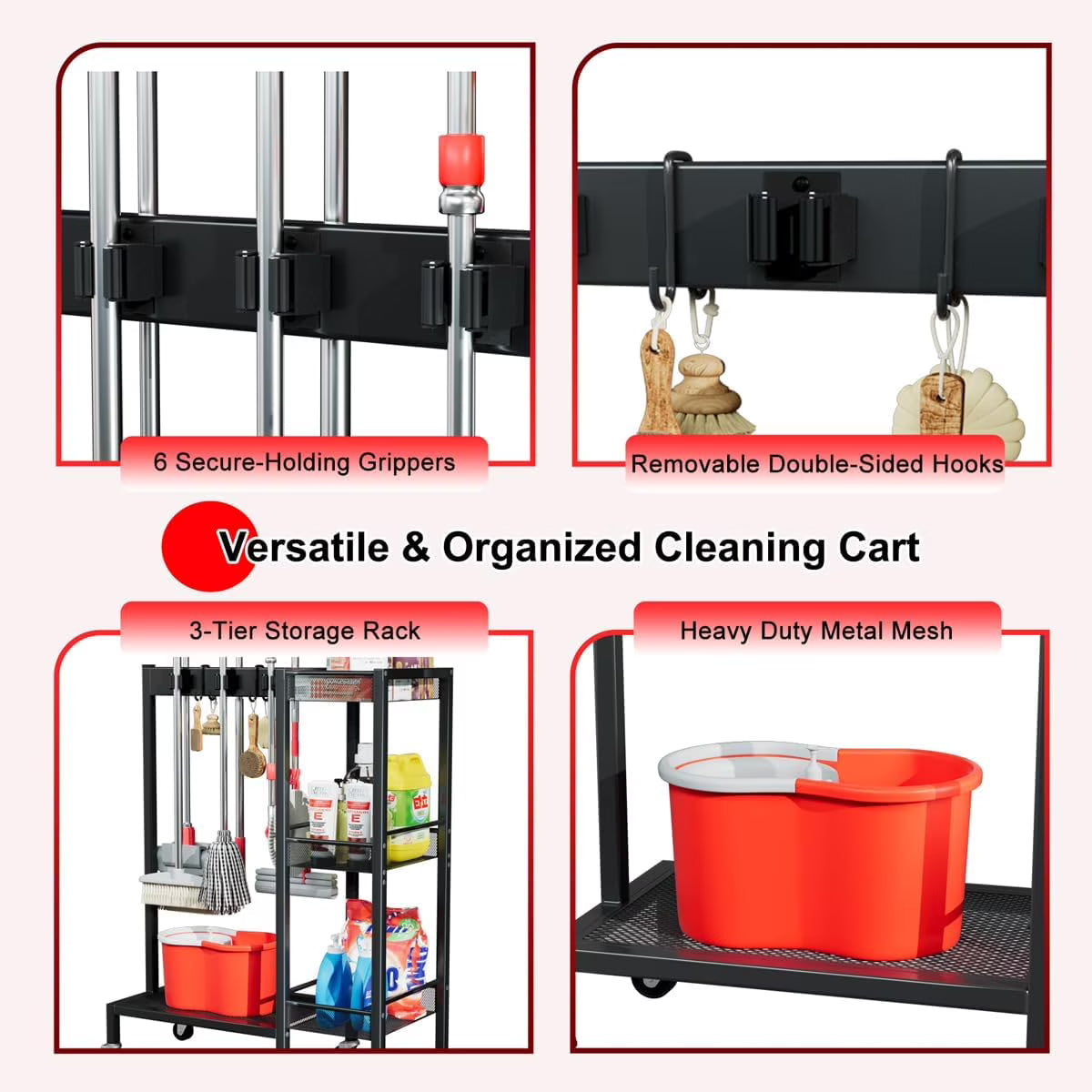 Cleaning Supplies Organizer with Tiered Storage Shelves – Broom Holder Cart with Wheels, Hooks & Grippers for Laundry Room & Garage