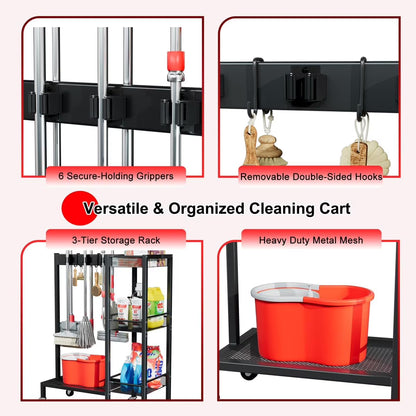 Cleaning Supplies Organizer with Tiered Storage Shelves – Broom Holder Cart with Wheels, Hooks & Grippers for Laundry Room & Garage